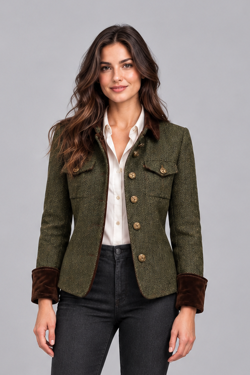 Giacca Donna in Tweed Spigato Trapuntata Polsini in Velluto