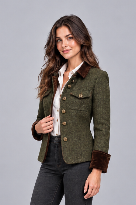 Giacca Donna in Tweed Spigato Trapuntata Polsini in Velluto