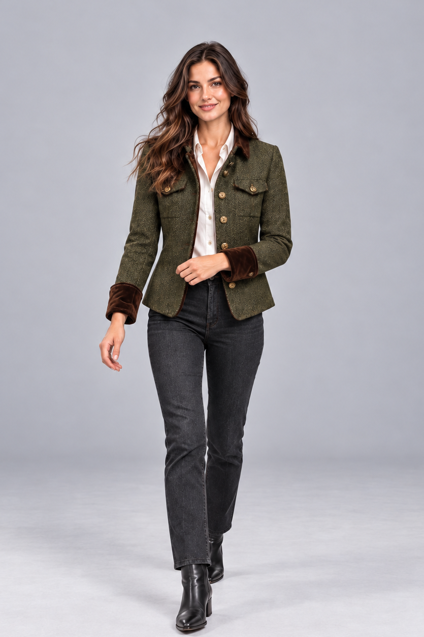 Giacca Donna in Tweed Spigato Trapuntata Polsini in Velluto