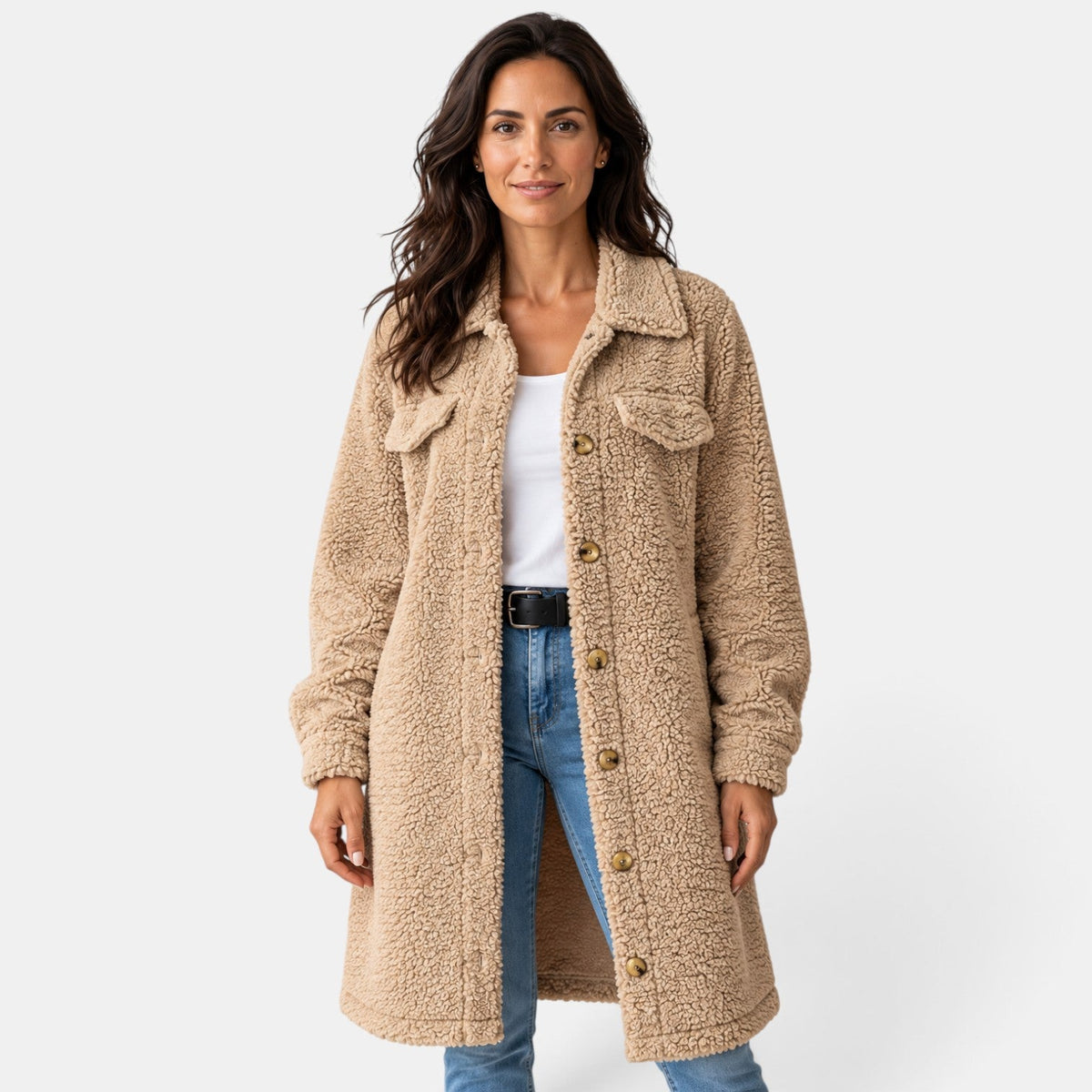 Giacca Camicia Donna Teddy Lunga Oversize Beige in Pile