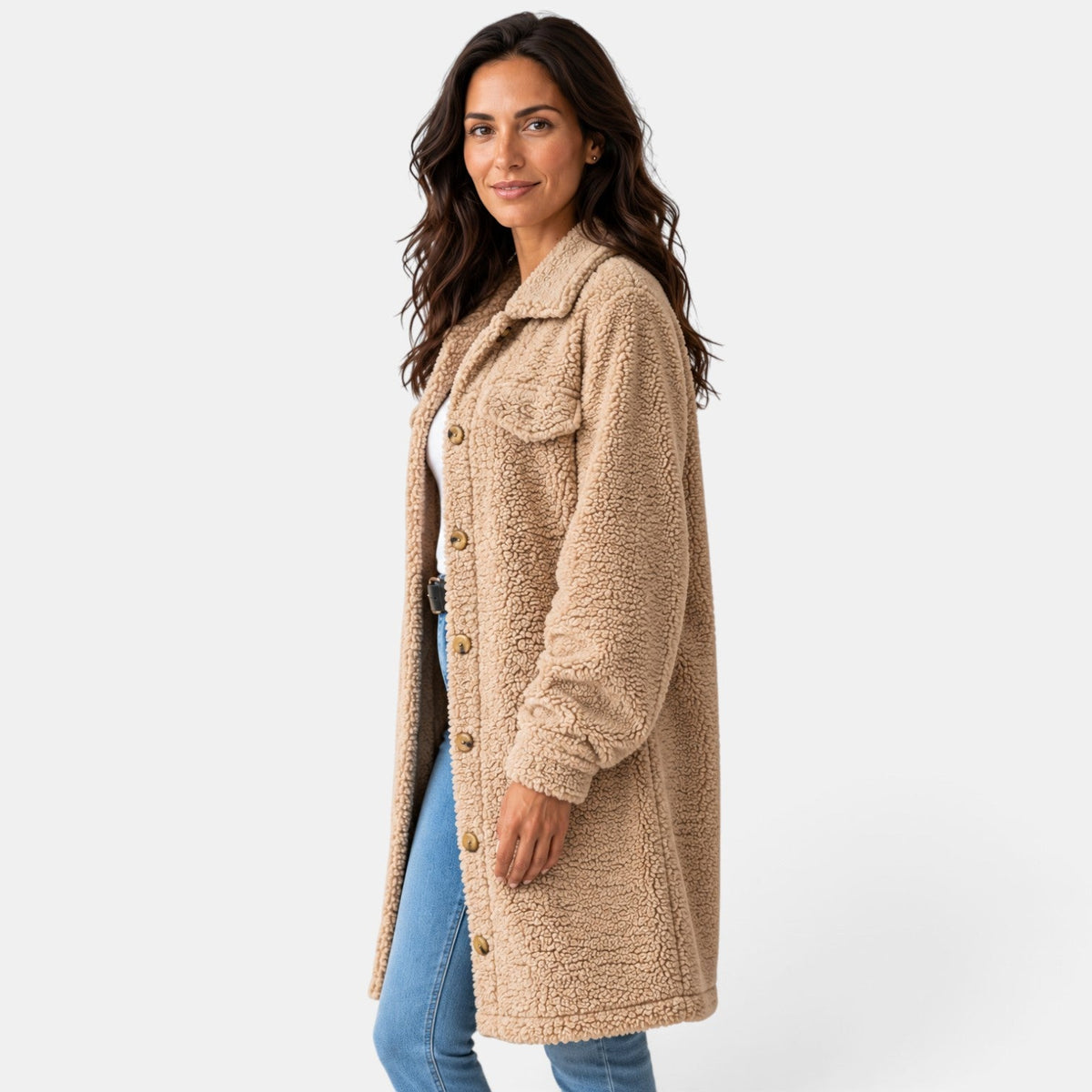 Giacca Camicia Donna Teddy Lunga Oversize Beige in Pile