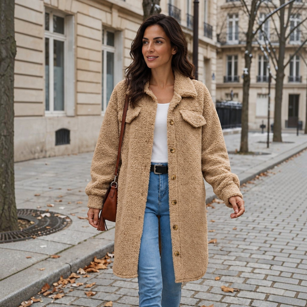 Giacca Camicia Donna Teddy Lunga Oversize Beige in Pile
