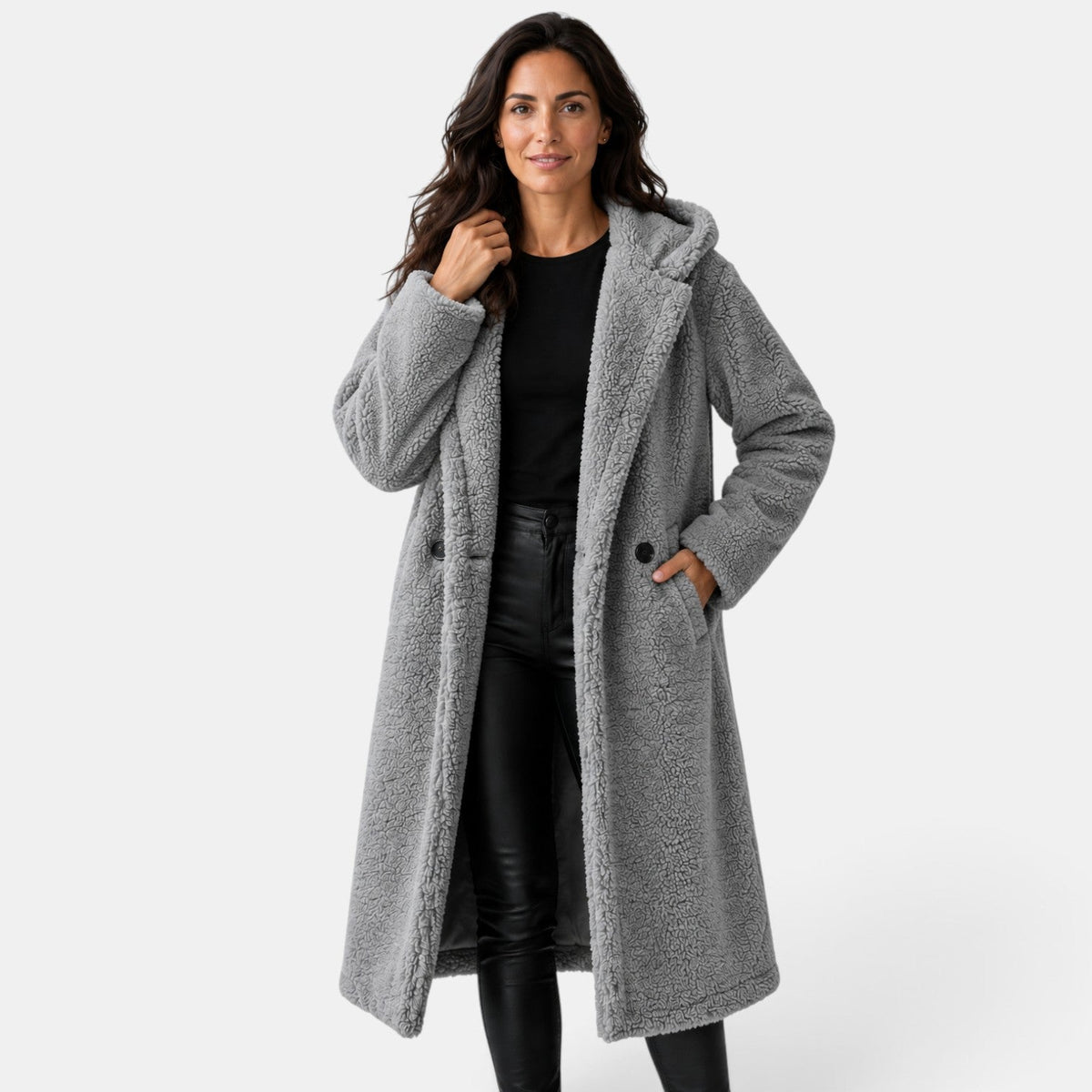 Cappotto Donna Teddy Oversize con Cappuccio in Misto Lana
