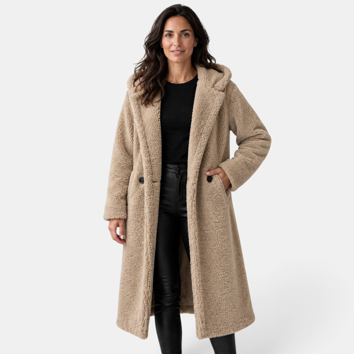 Cappotto Donna Teddy Oversize con Cappuccio in Misto Lana
