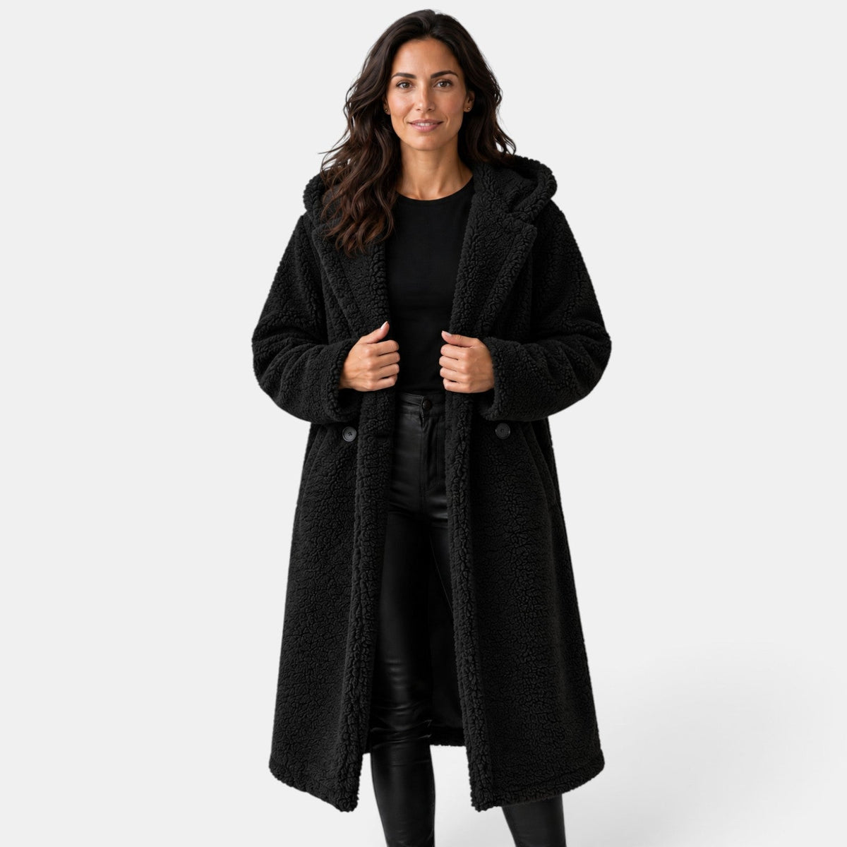 Cappotto Donna Teddy Oversize con Cappuccio in Misto Lana
