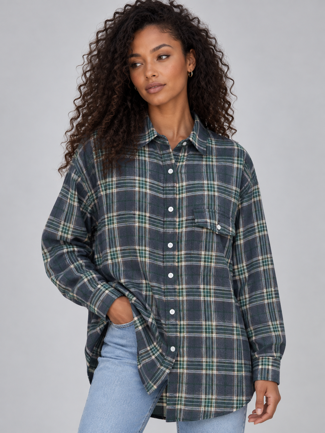 Camicia Donna Oversize a Quadri Lunga con Bottoni
