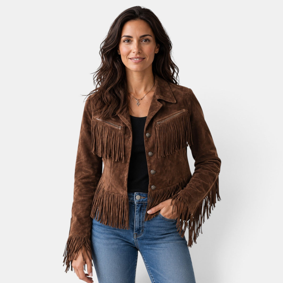 Giacca Donna in Camoscio Corta con Frange Western Revers