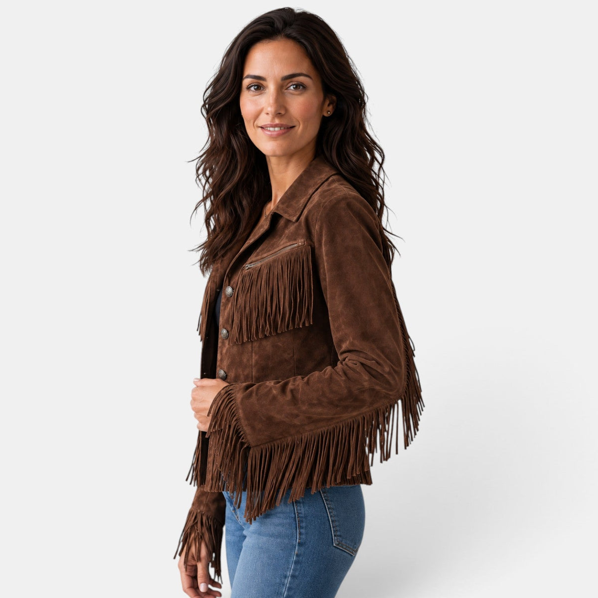 Giacca Donna in Camoscio Corta con Frange Western Revers