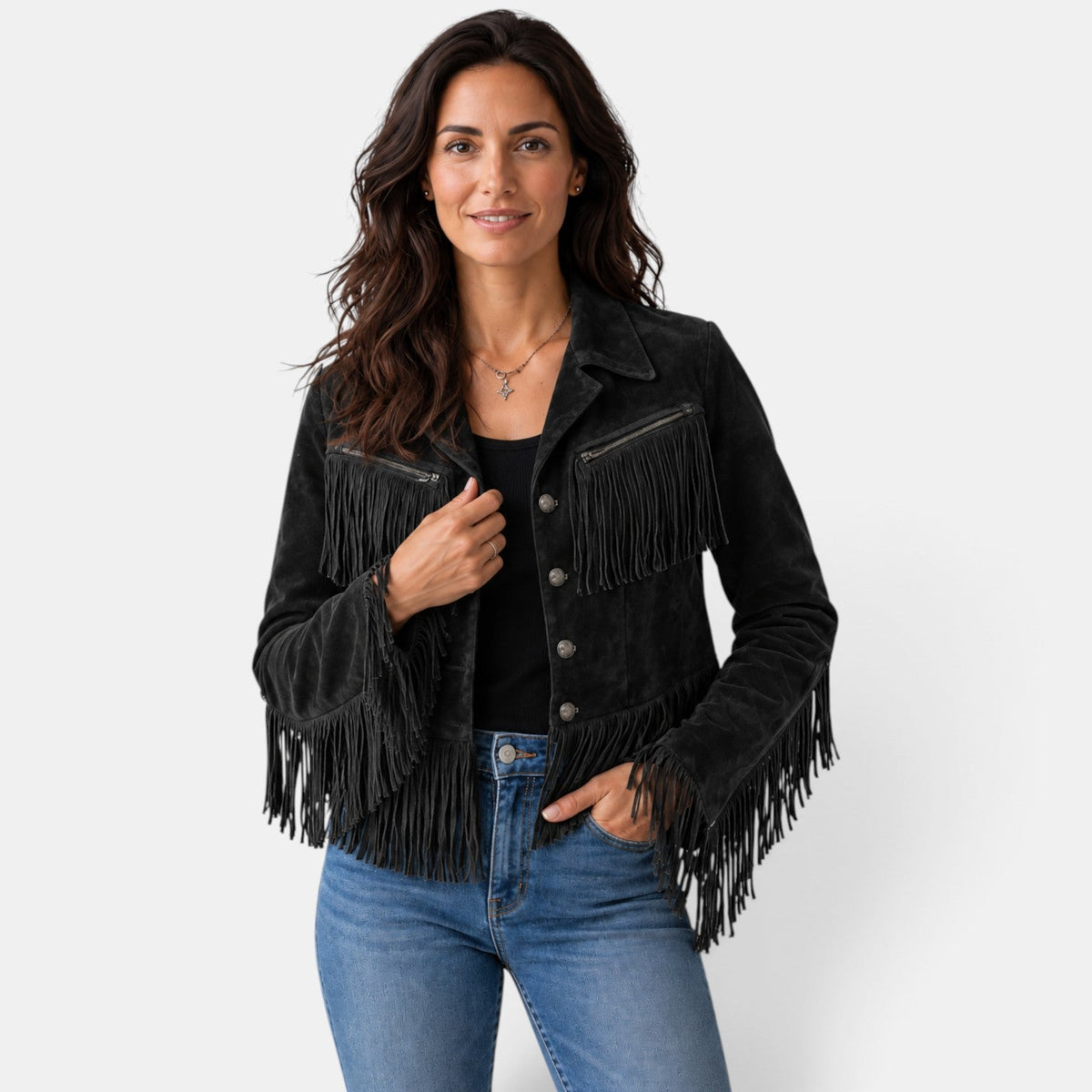 Giacca Donna in Camoscio Corta con Frange Western Revers