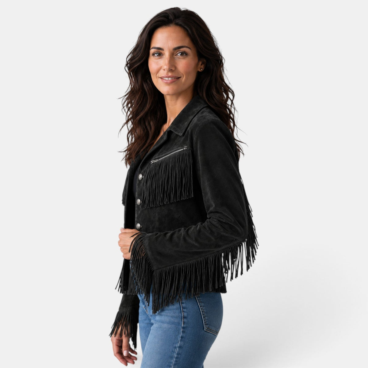 Giacca Donna in Camoscio Corta con Frange Western Revers