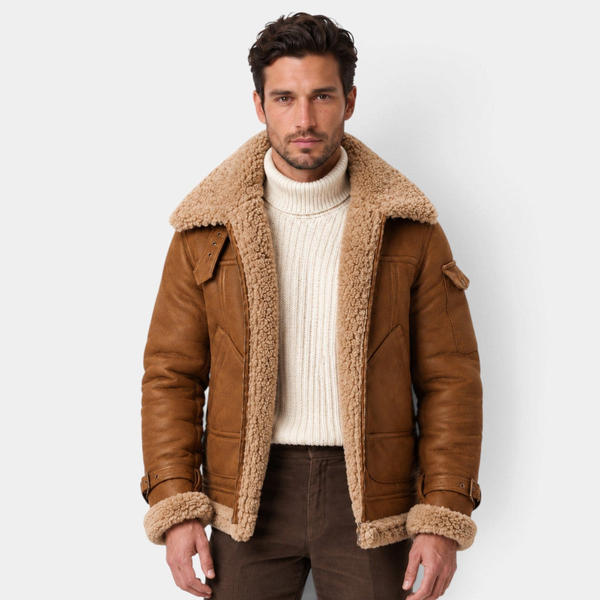Giacca Aviator Uomo Effetto Pelle Collo Shearling Sintetico Spesso