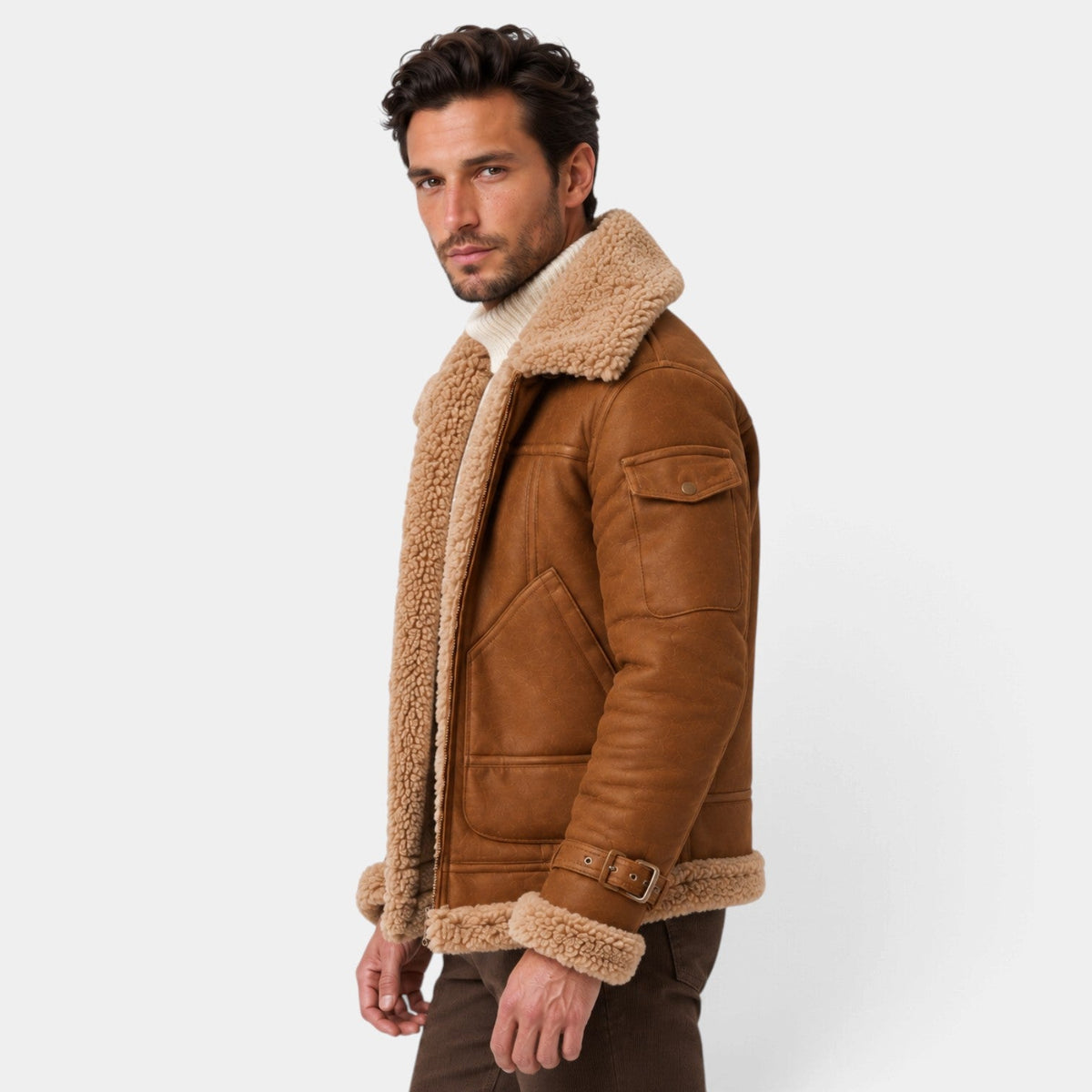 Giacca Aviator Uomo Effetto Pelle Collo Shearling Sintetico Spesso