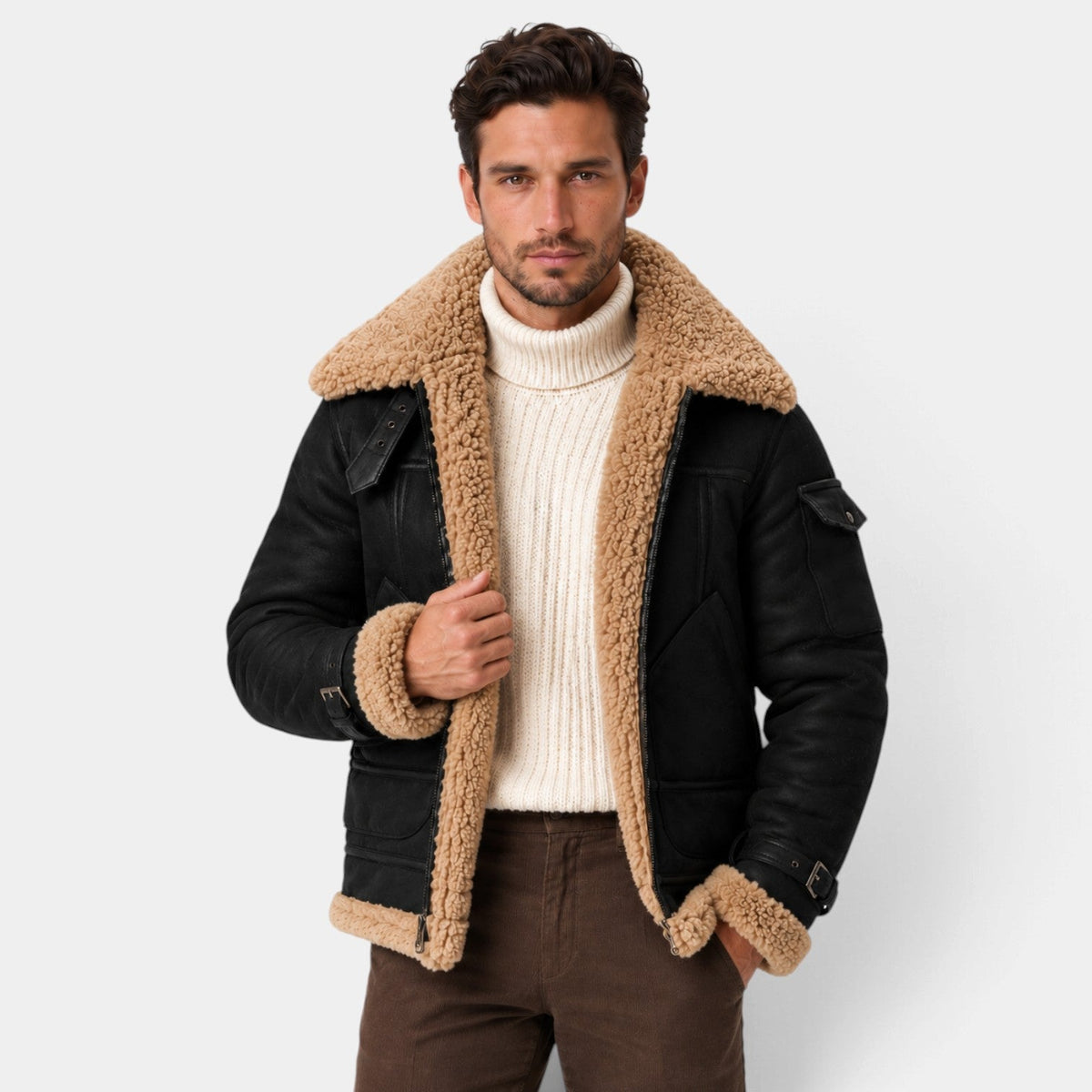 Giacca Aviator Uomo Effetto Pelle Collo Shearling Sintetico Spesso
