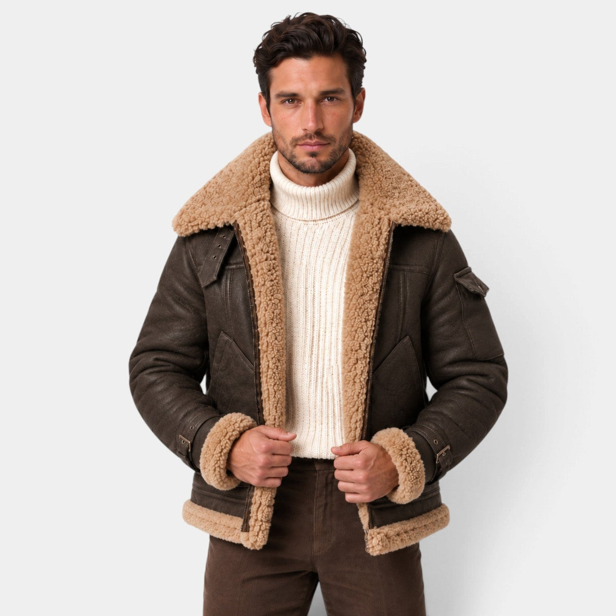 Giacca Aviator Uomo Effetto Pelle Collo Shearling Sintetico Spesso