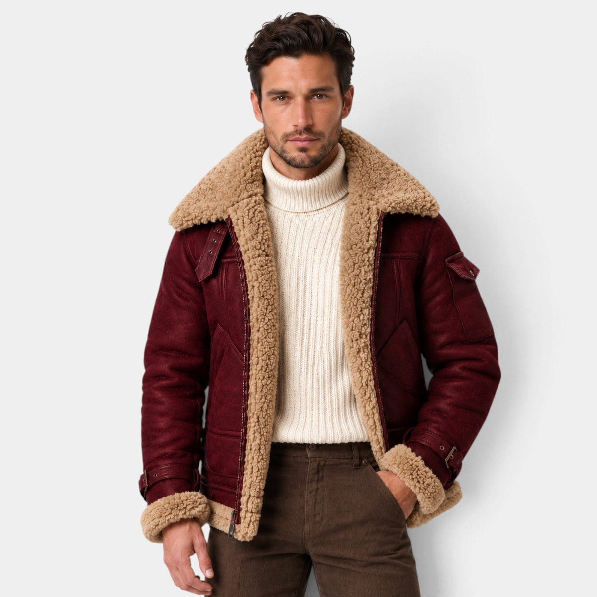 Giacca Aviator Uomo Effetto Pelle Collo Shearling Sintetico Spesso