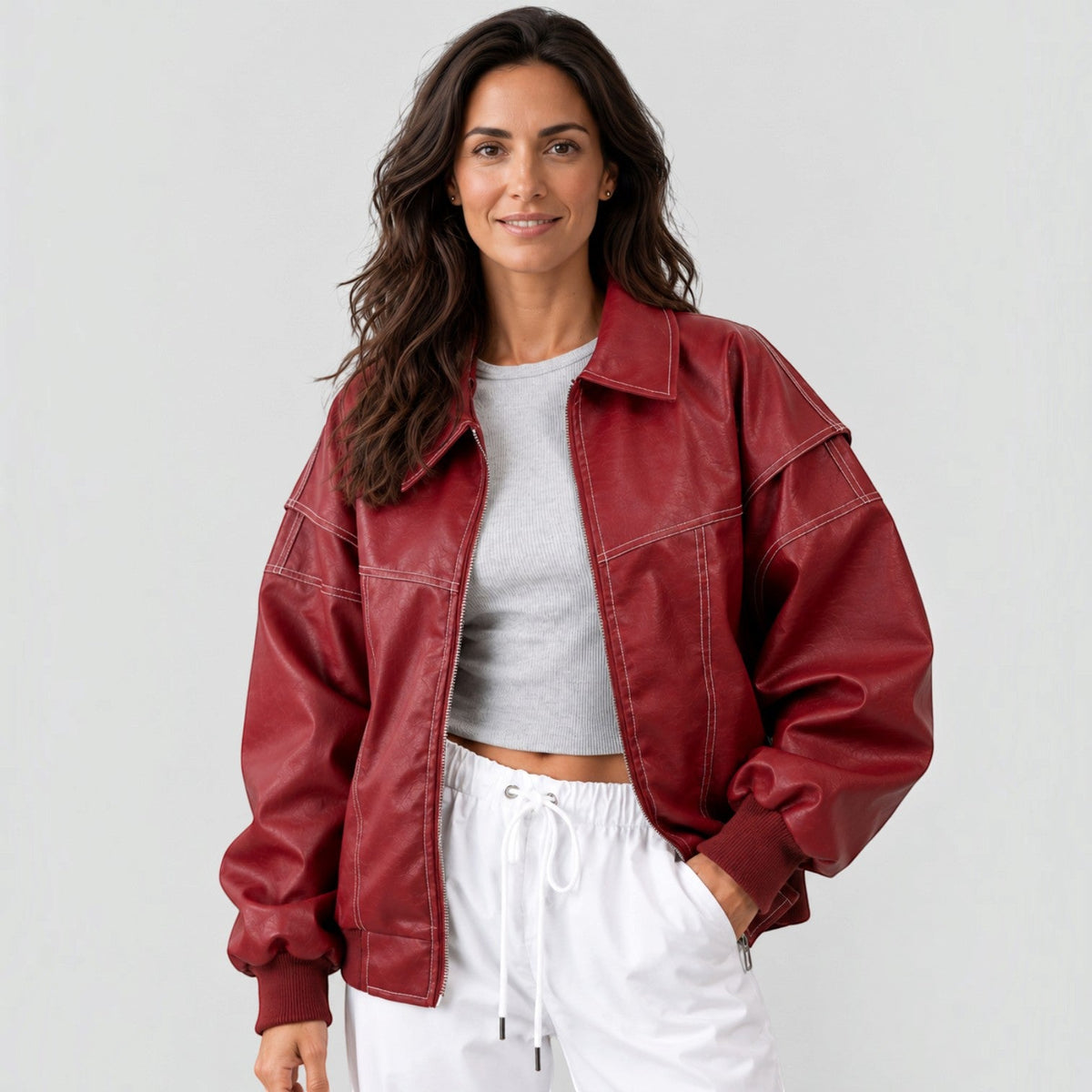 Giacca Bomber Donna Effetto Pelle Oversize Orlo Elastico