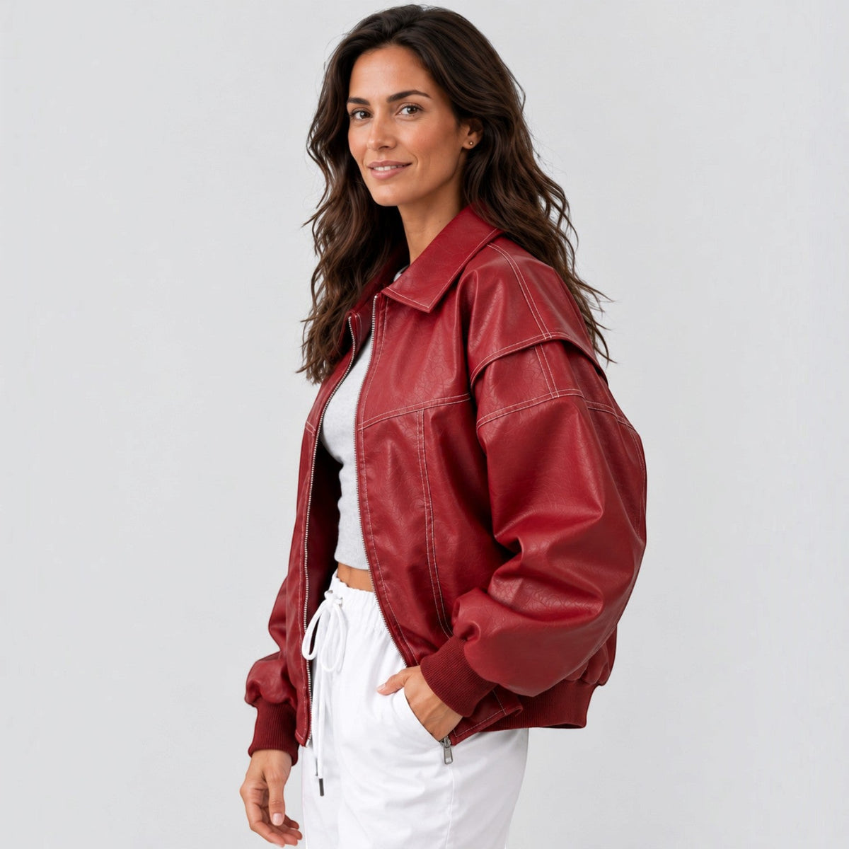 Giacca Bomber Donna Effetto Pelle Oversize Orlo Elastico