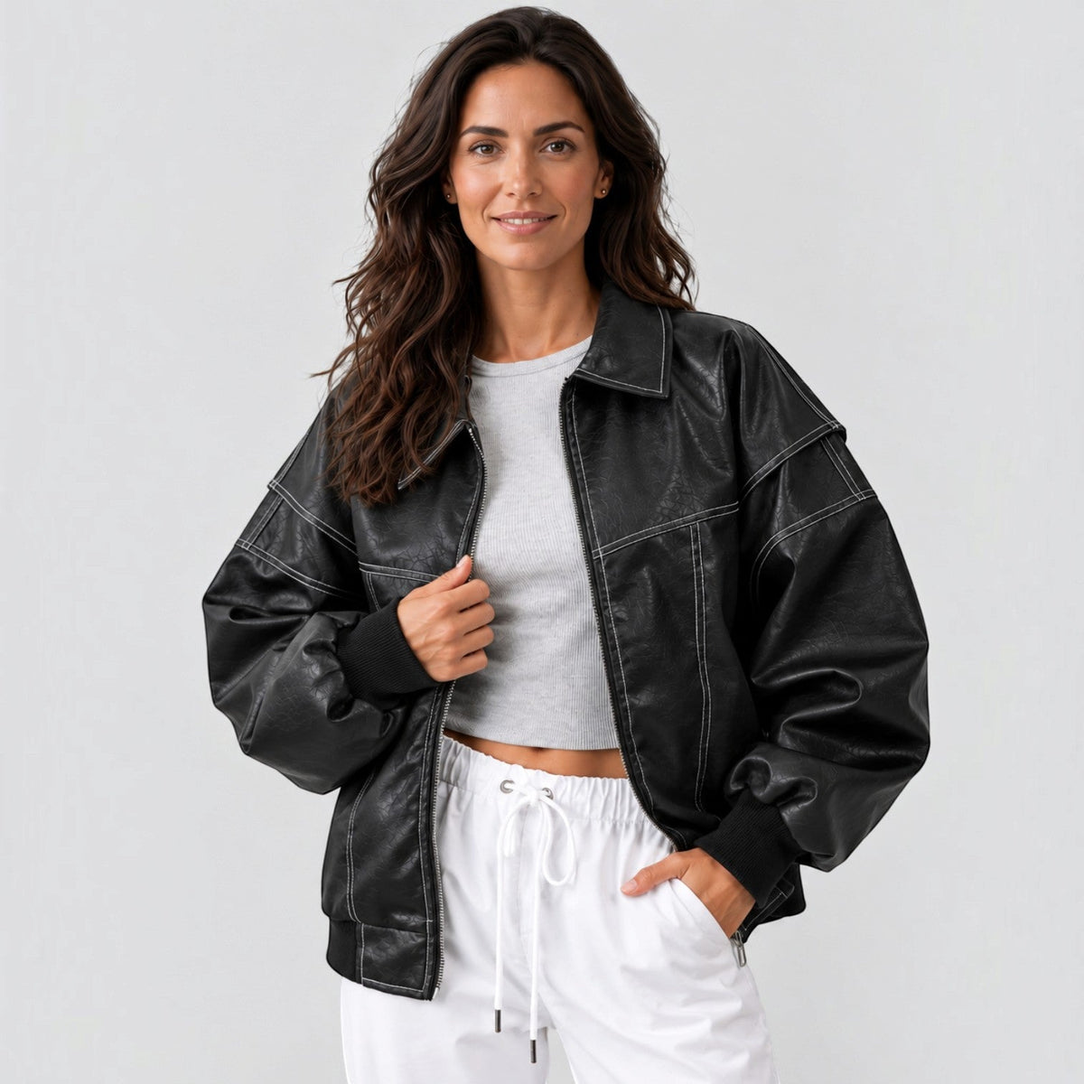 Giacca Bomber Donna Effetto Pelle Oversize Orlo Elastico