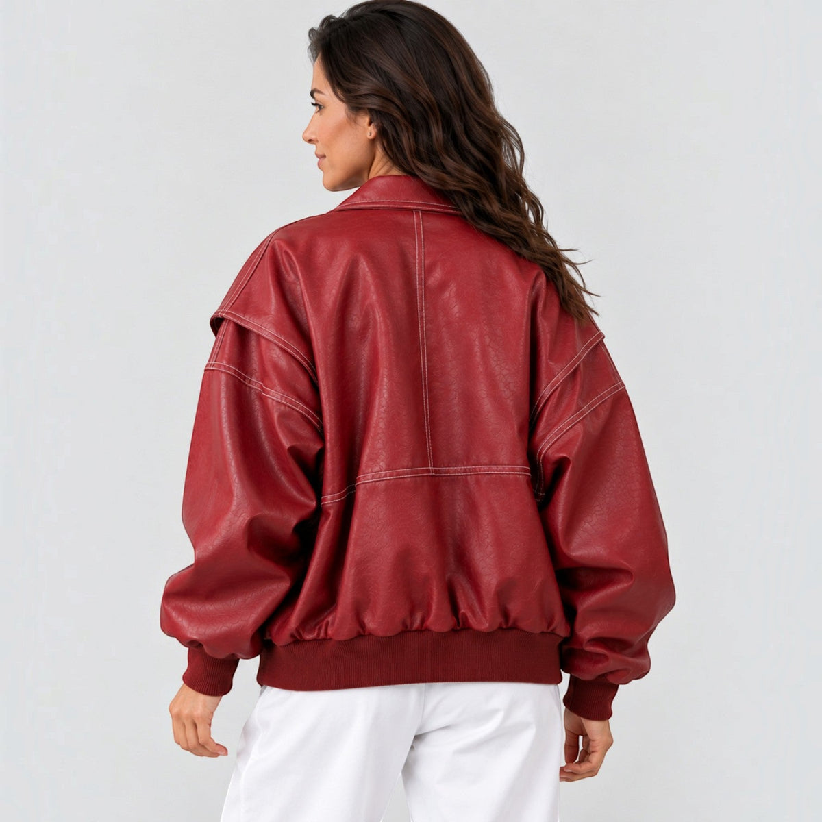 Giacca Bomber Donna Effetto Pelle Oversize Orlo Elastico