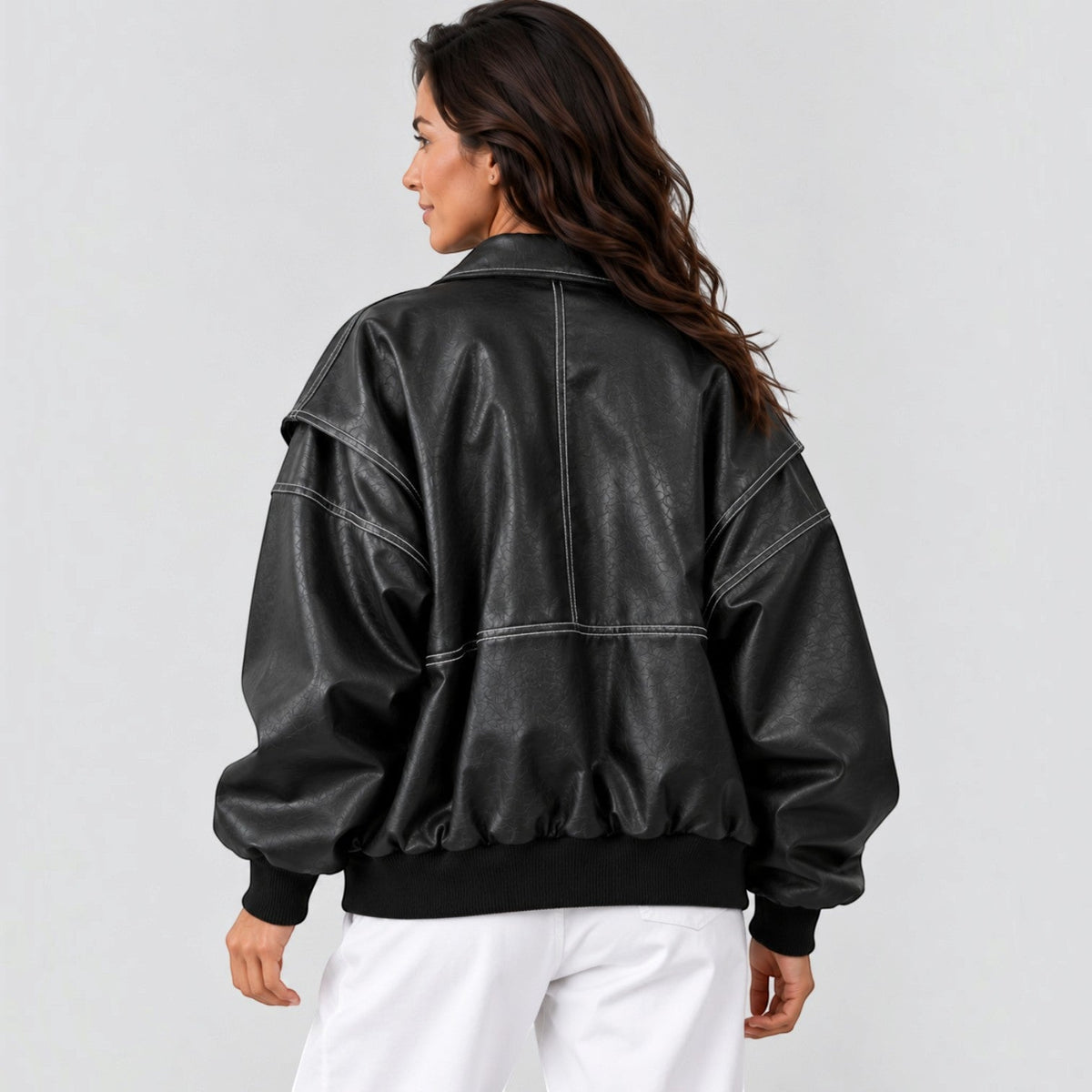 Giacca Bomber Donna Effetto Pelle Oversize Orlo Elastico
