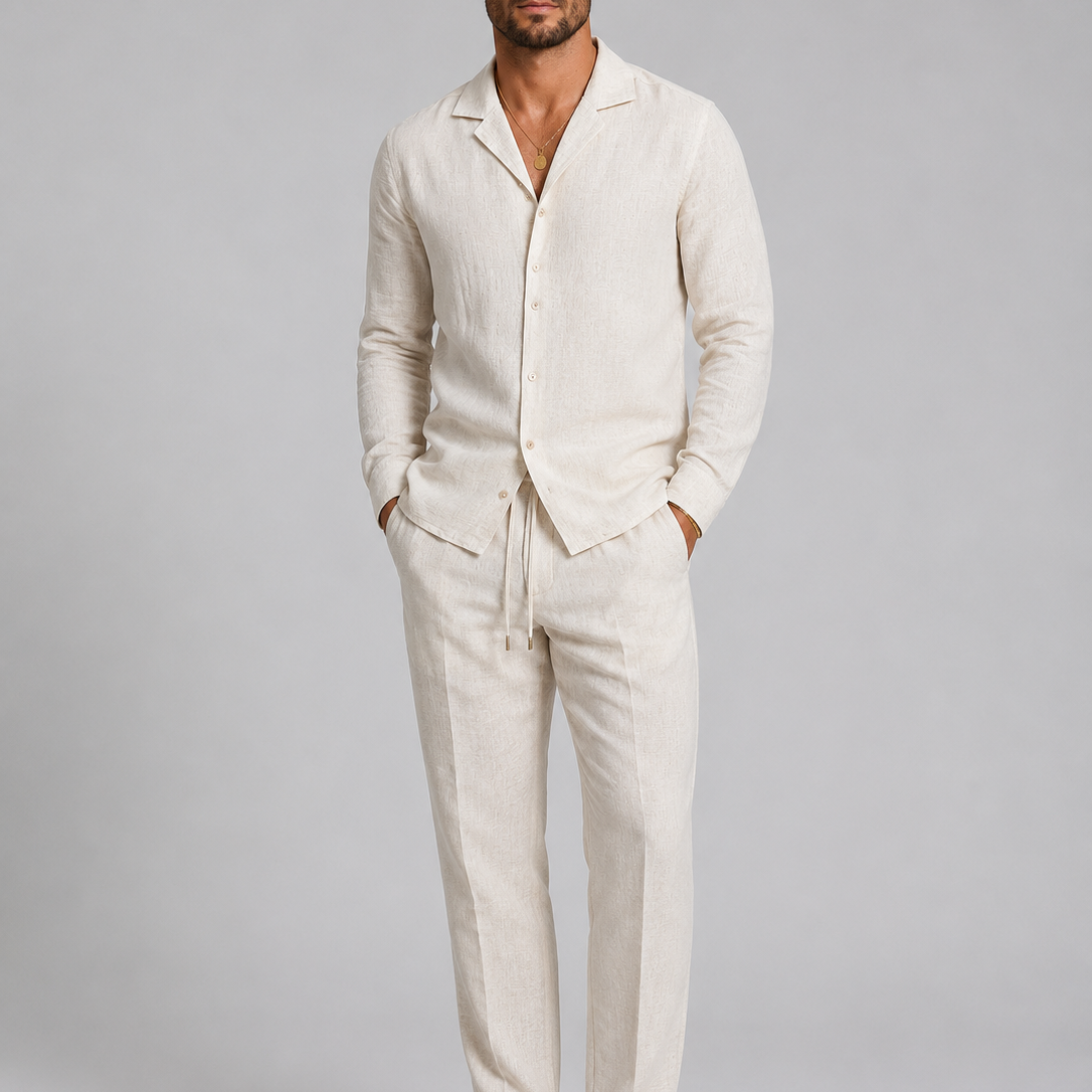 Completo Uomo Effetto Lino Camicia e Pantaloni Taglio Rilassato