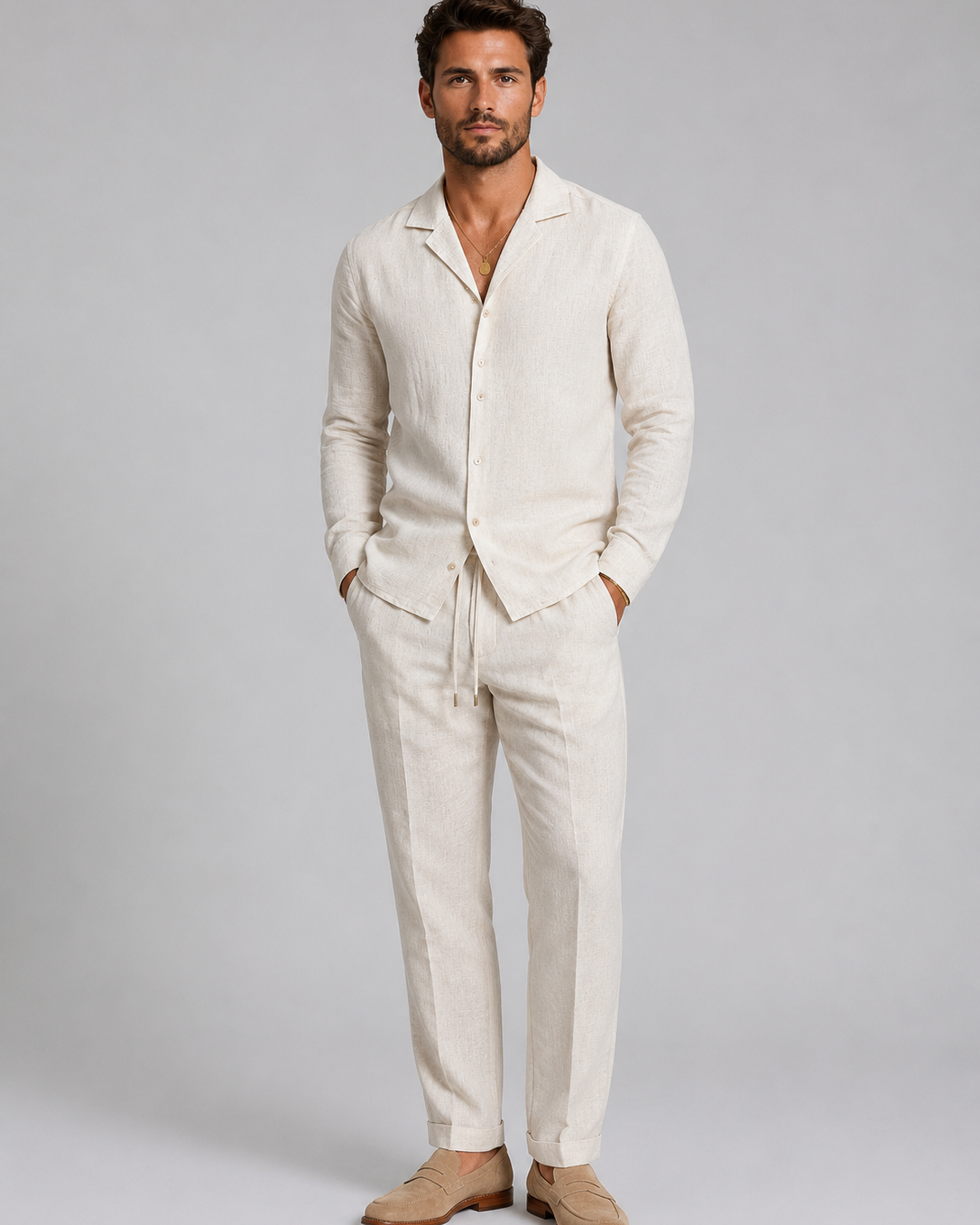 Completo Uomo Effetto Lino Camicia e Pantaloni Taglio Rilassato