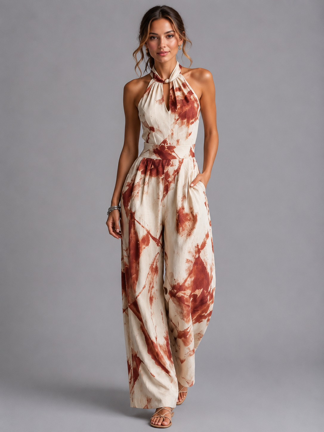 Tuta Donna Stampata Gamba Ampia Scollo Halter Estiva