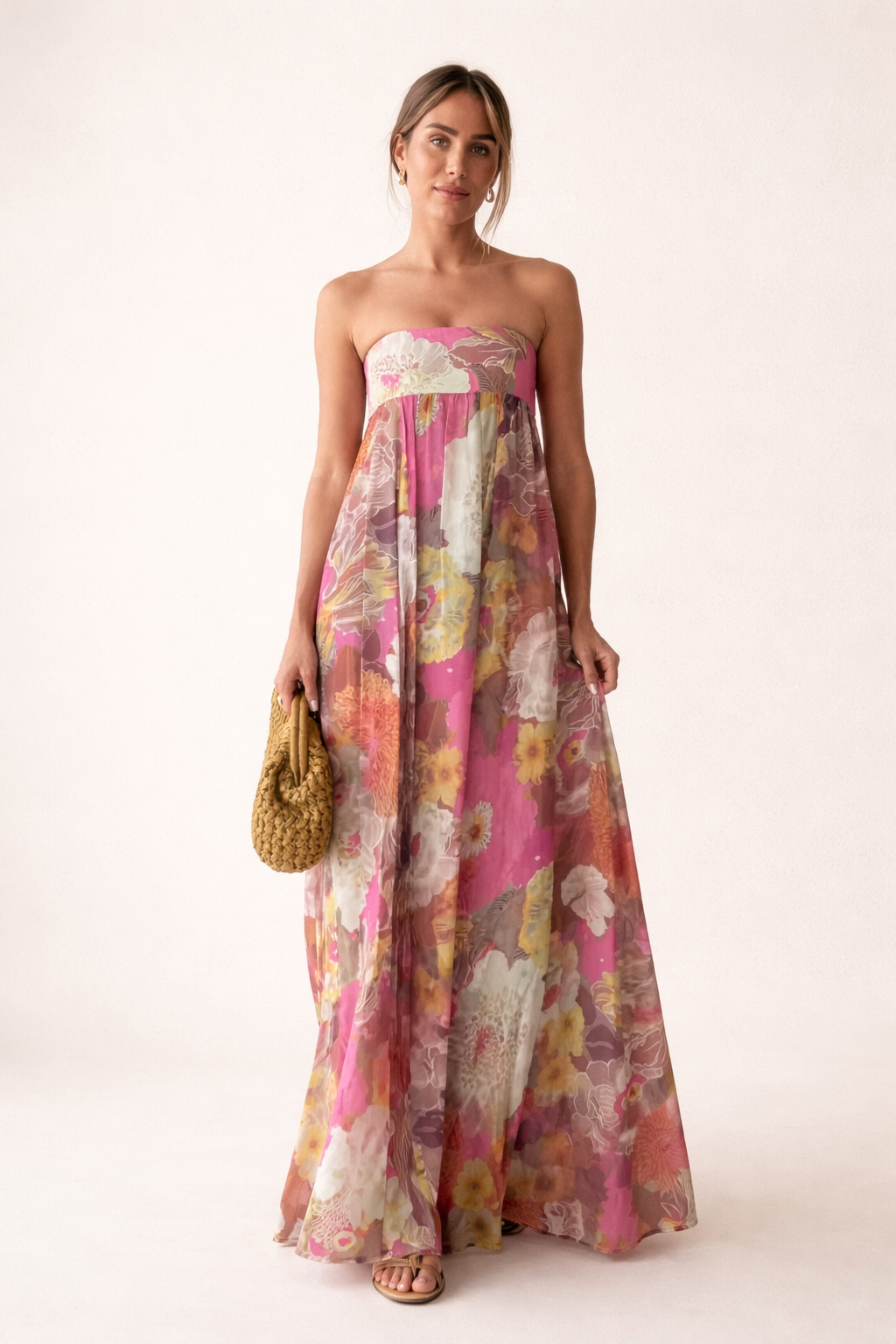 Abito Lungo Donna Senza Spalline Floreale Gonna Ampia