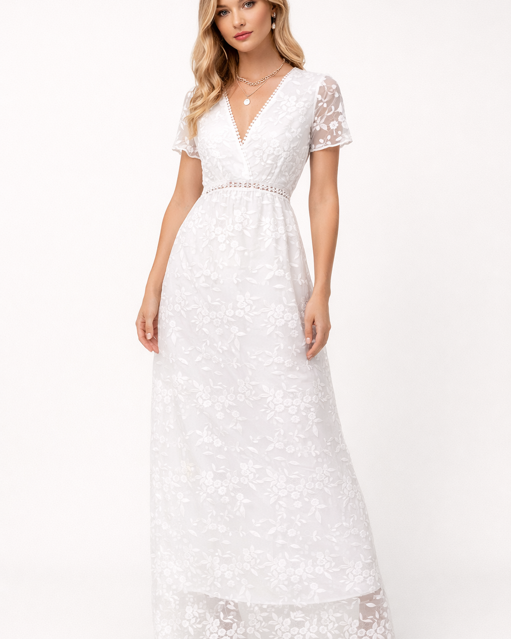 Abito Lungo Donna in Pizzo Floreale Cerimonia Elegante