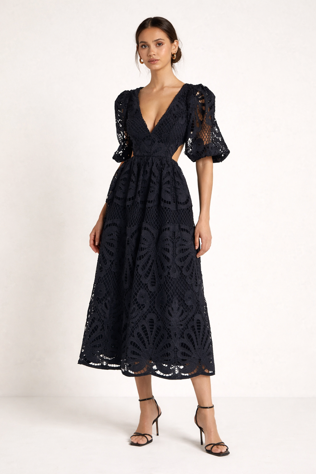 Abito Lungo Donna in Pizzo Cerimonia Elegante Traforato