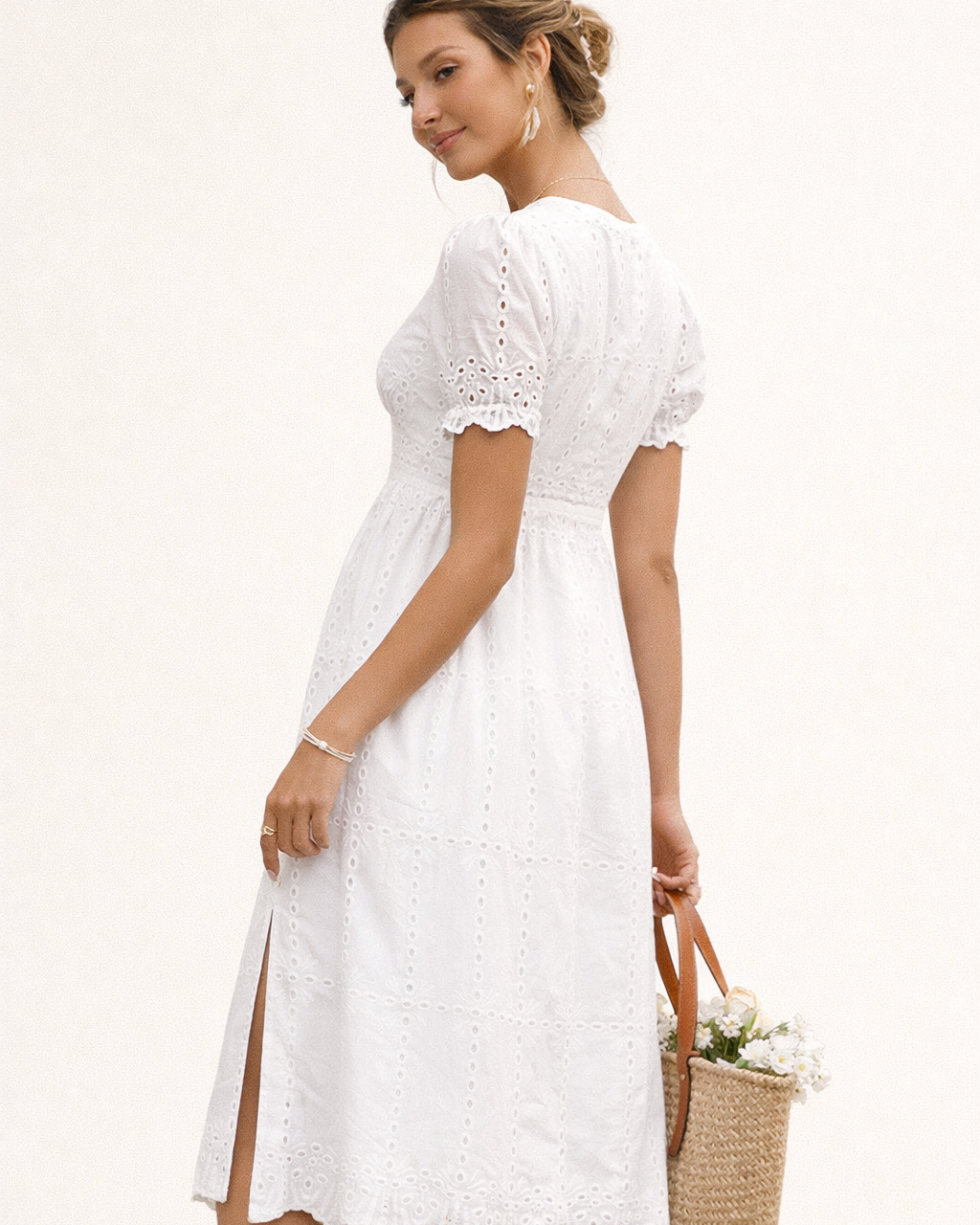 Abito Midi Donna Ricamato Vita Alta Cerimonia Elegante
