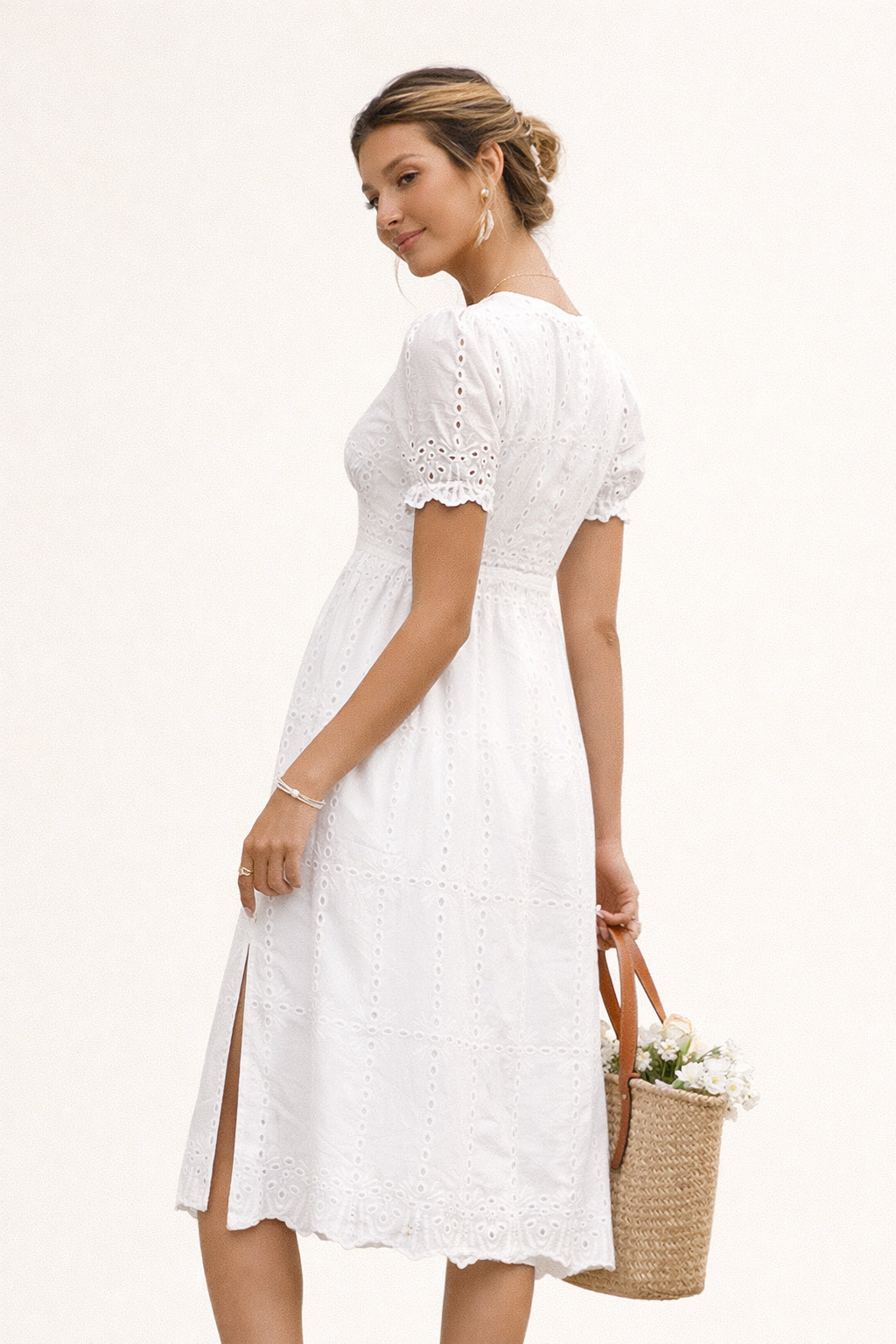 Aurazio Vestito Midi Ricamato con Cintura Alta da Donna