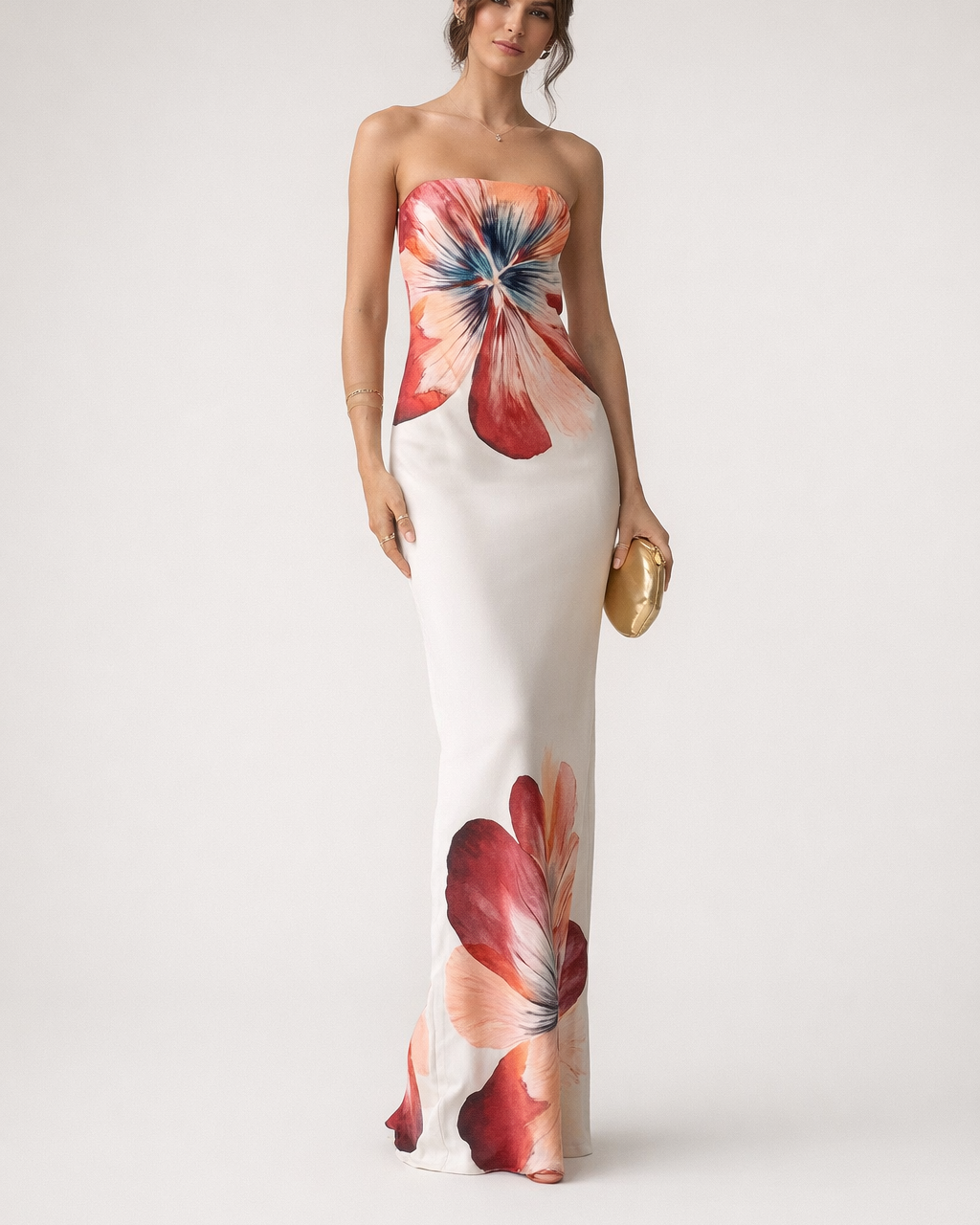 Vestito Midi Donna Floreale Senza Spalline Elegante