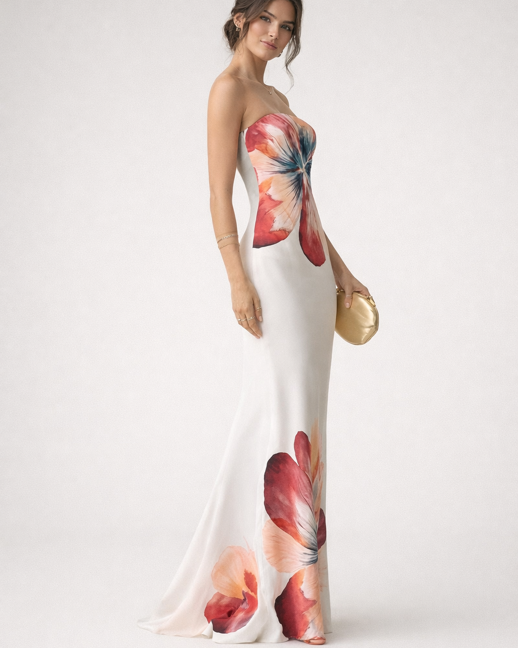 Vestito Midi Donna Floreale Senza Spalline Elegante