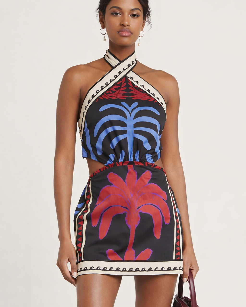 Vestito Mini Donna Boho Scollo Halter Stampato