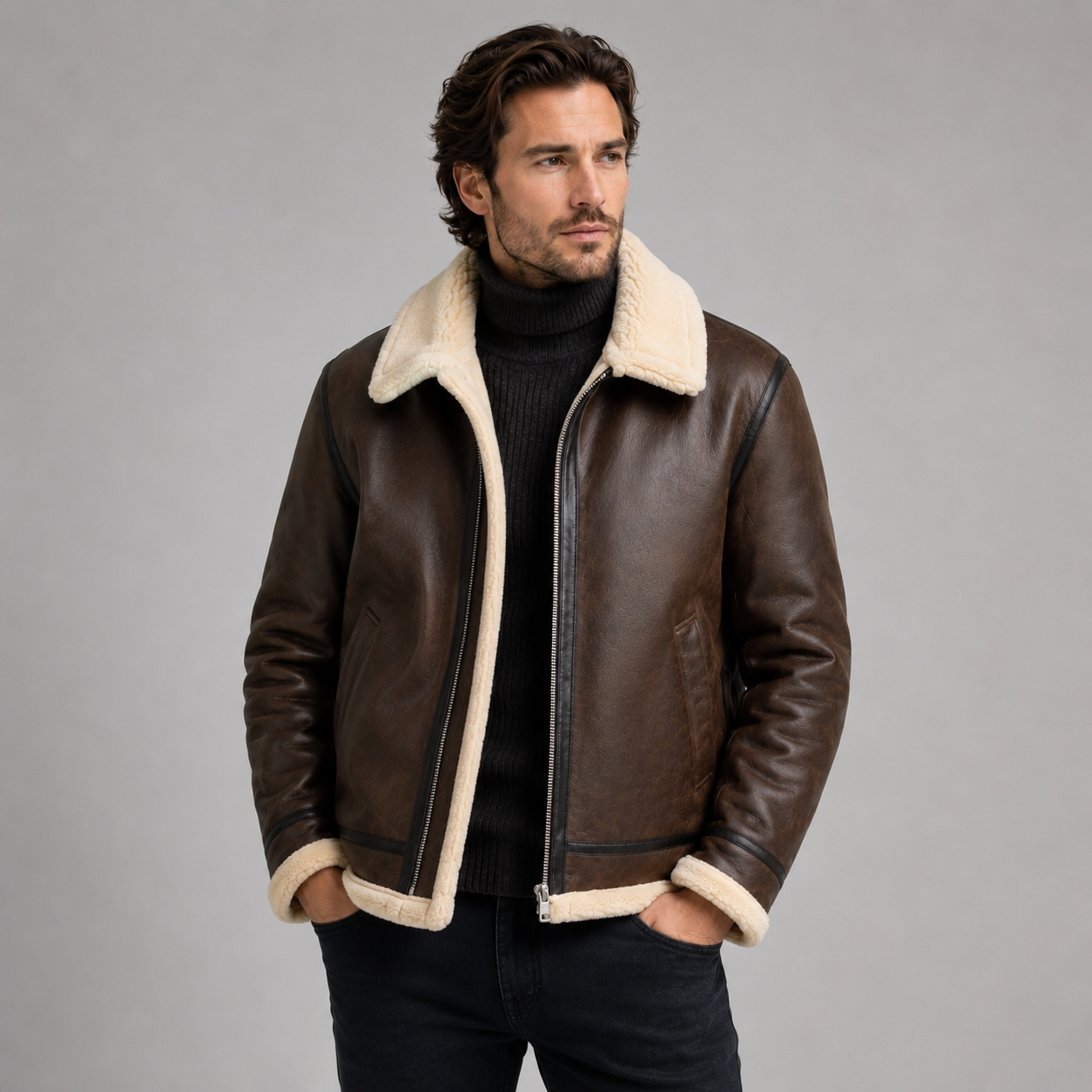 Giacca Aviator Uomo in Pelle Fodera Shearling Sintetico