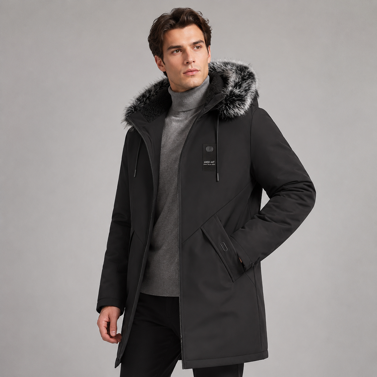 Parka Uomo Foderato in Pile con Cappuccio Media Lunghezza