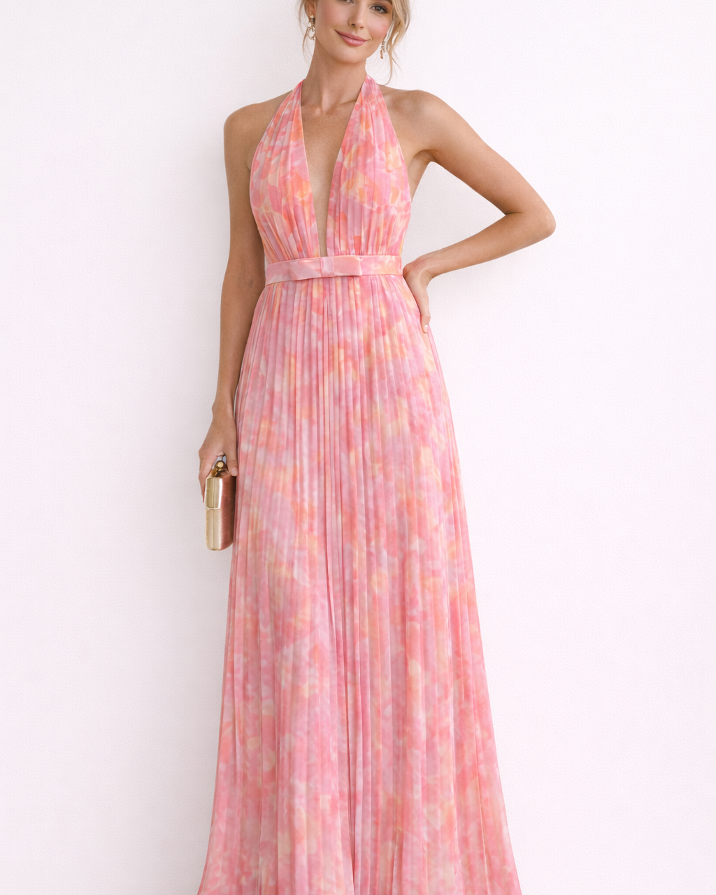 Abito Lungo Donna Scollo Halter Plissé Elegante