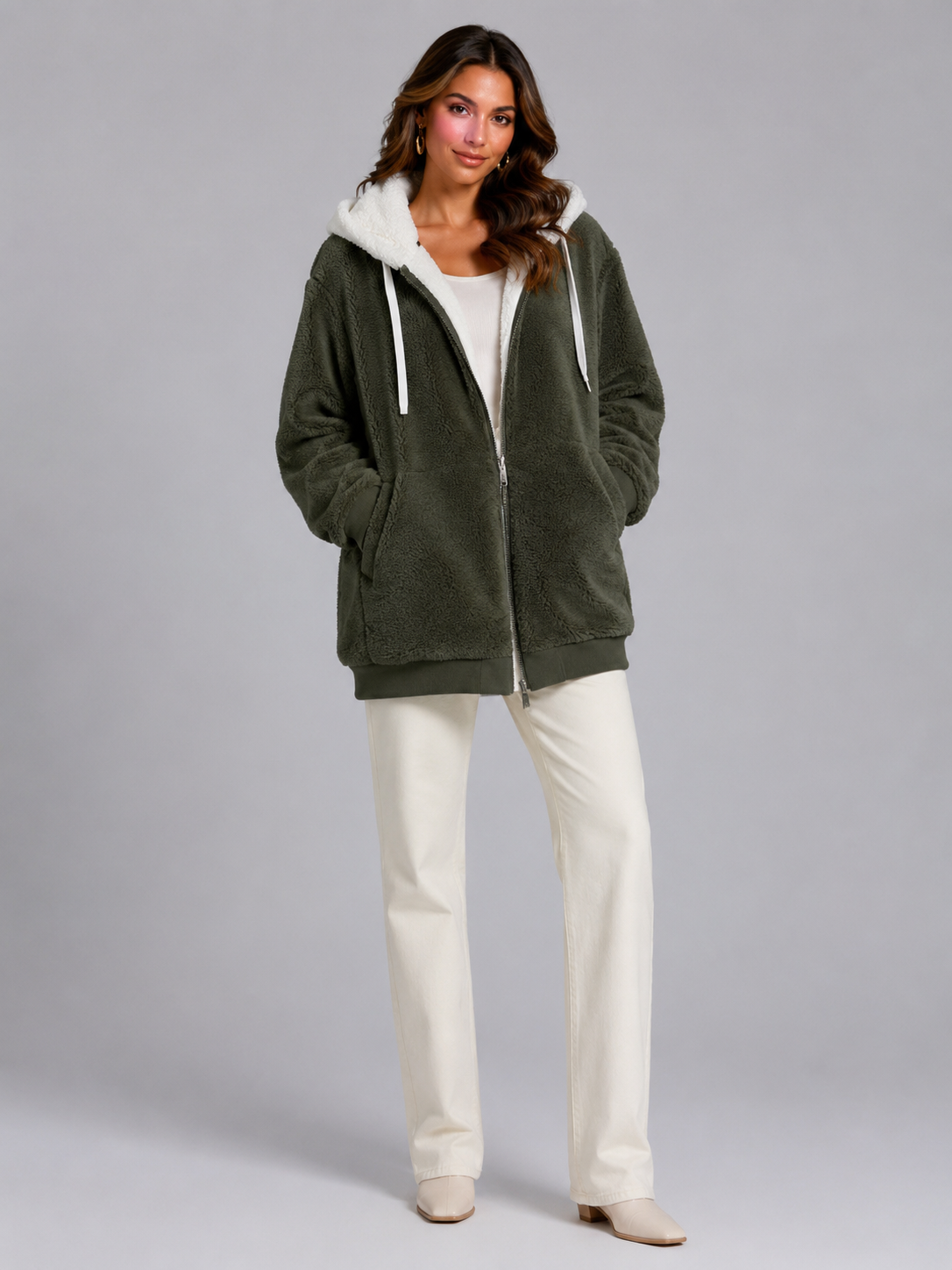 Felpa Donna in Pile Sherpa Oversize con Cappuccio e Zip