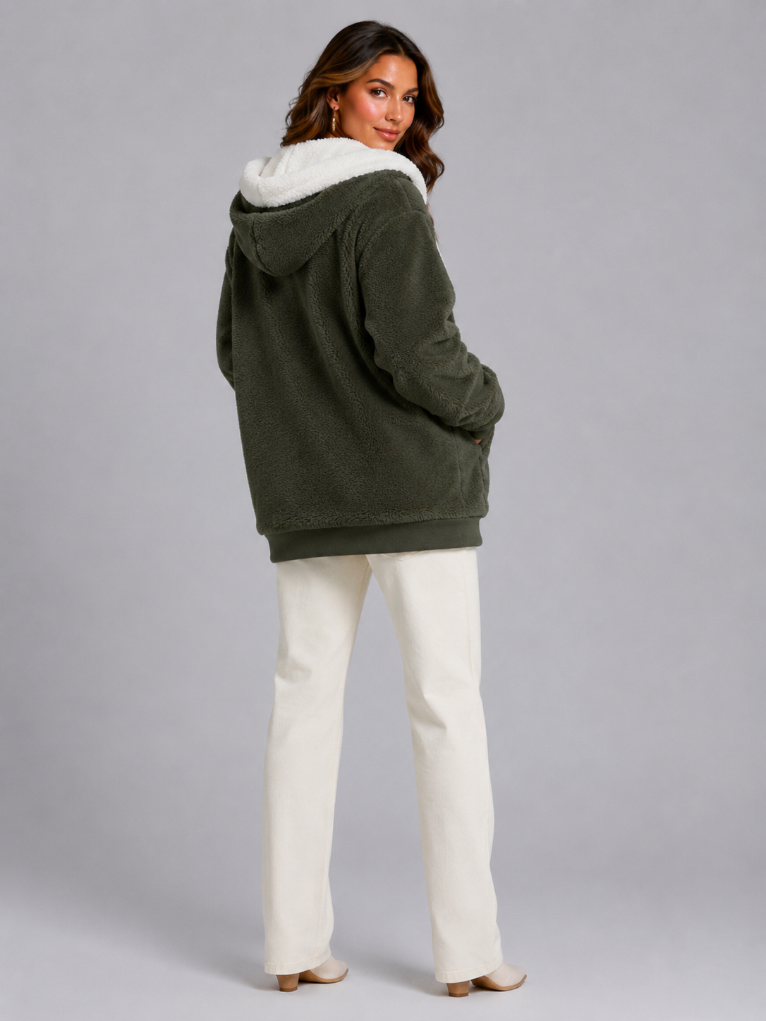 Felpa Donna in Pile Sherpa Oversize con Cappuccio e Zip