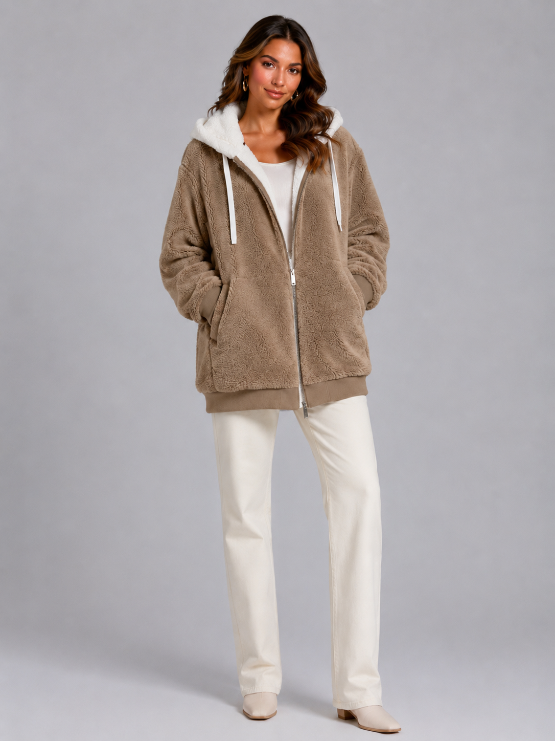 Felpa Donna in Pile Sherpa Oversize con Cappuccio e Zip