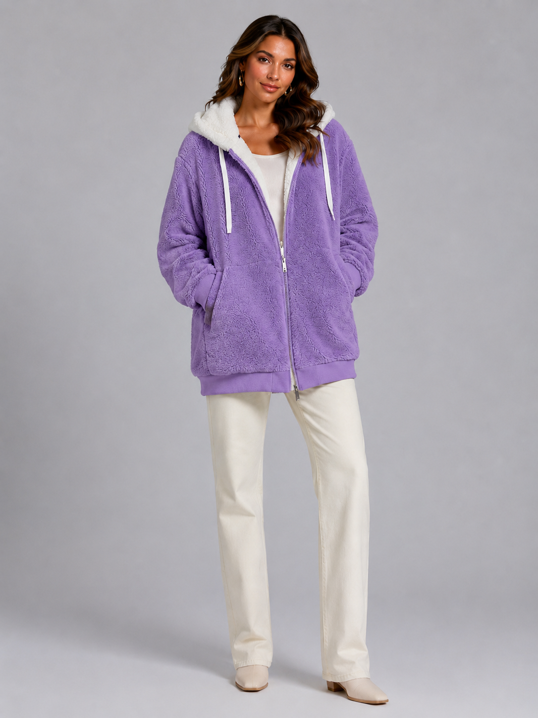 Felpa Donna in Pile Sherpa Oversize con Cappuccio e Zip