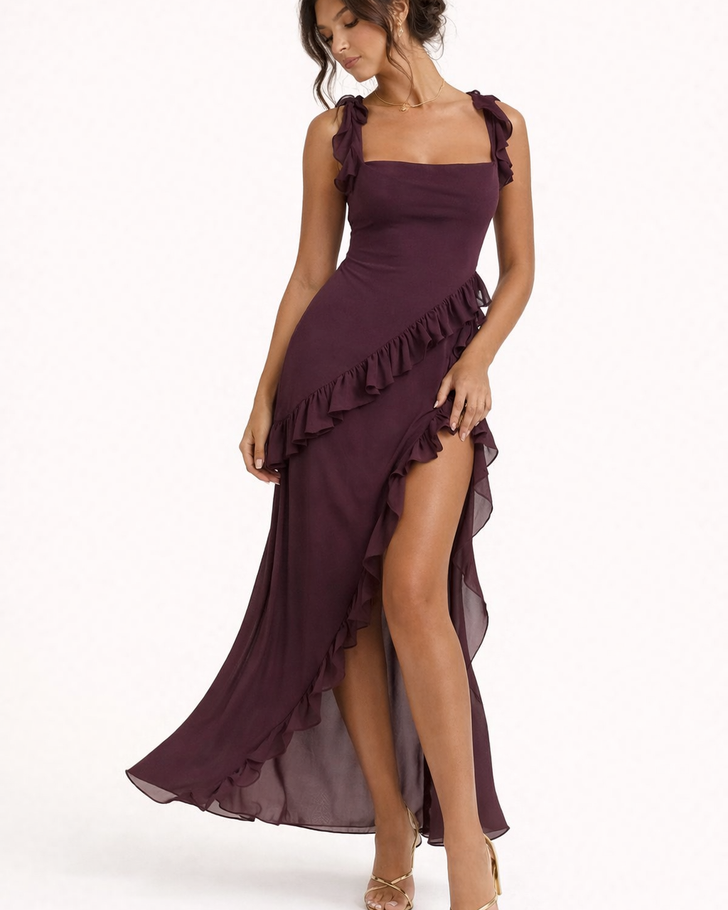 Abito Lungo Donna da Festa Aderente Spalline Volant