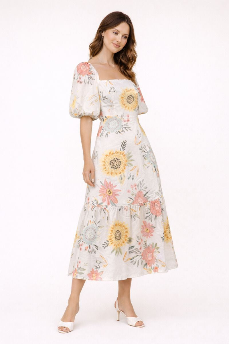 Aurazio Vestito Midi Floreale da Donna con Maniche a Sbuffo
