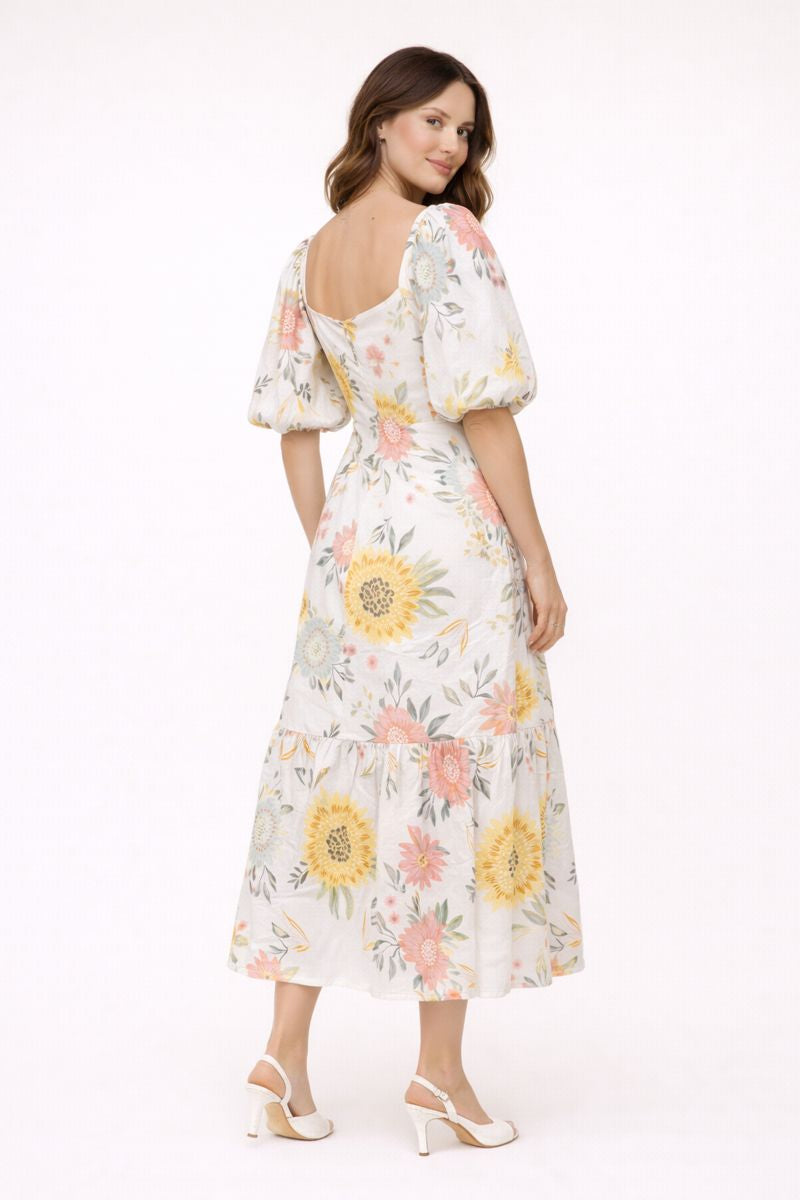 Aurazio Vestito Midi Floreale da Donna con Maniche a Sbuffo