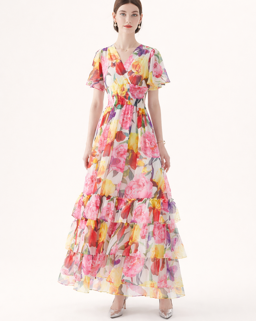 Vestito Lungo Donna Floreale Scollo a V Fluido