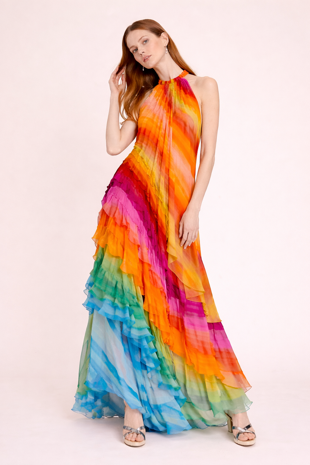 Aurazio Abito Maxi Multicolor Da Donna Con Scollo All'americana