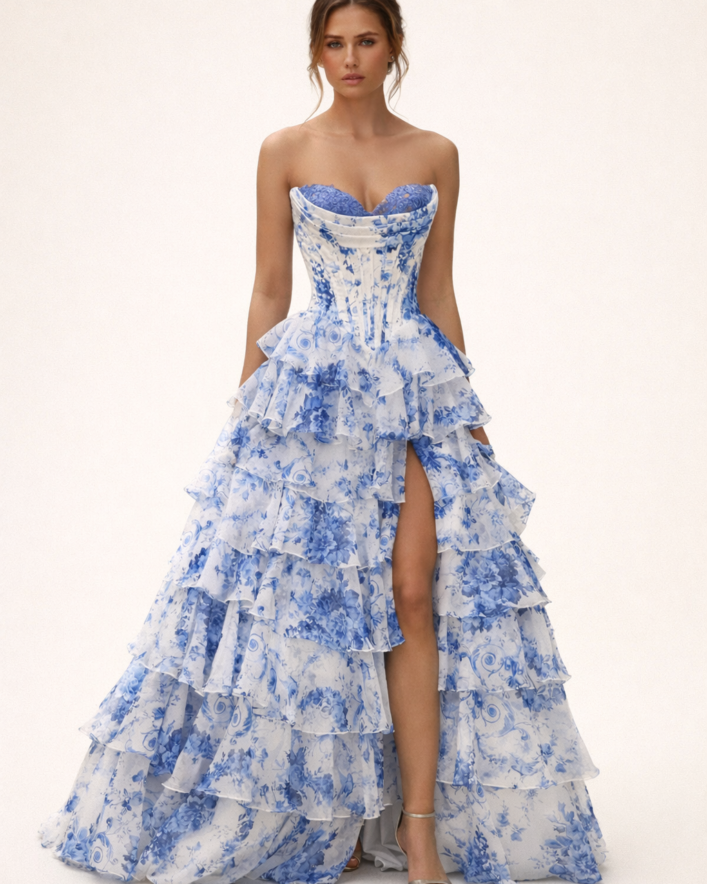 Abito Lungo Donna Floreale Corsetto Scollo a Cuore