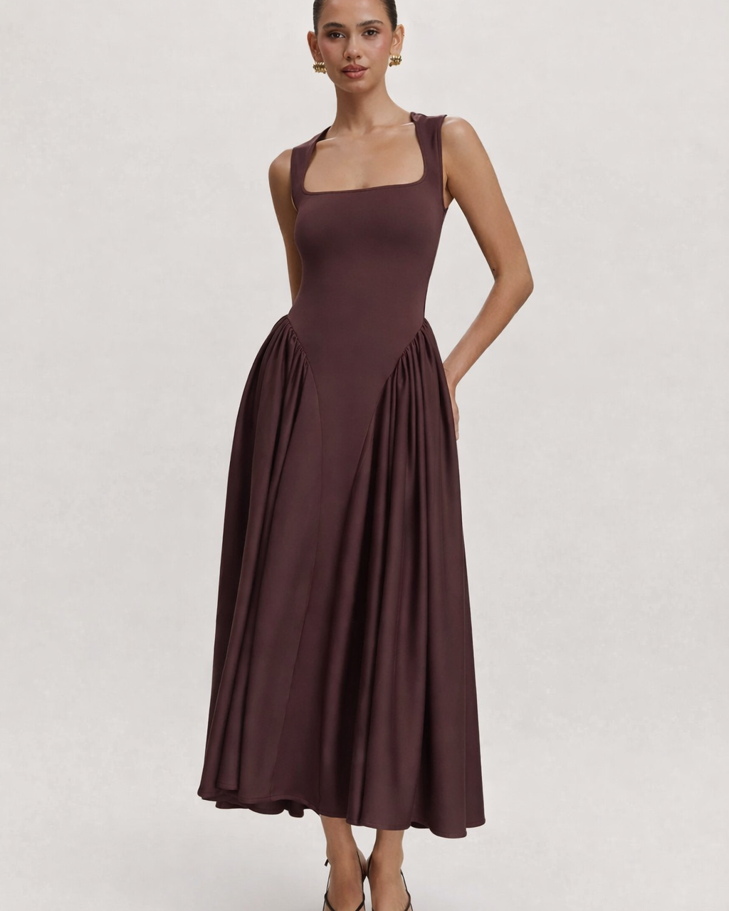 Abito Midi Donna Scollo Quadrato Elegante Estivo