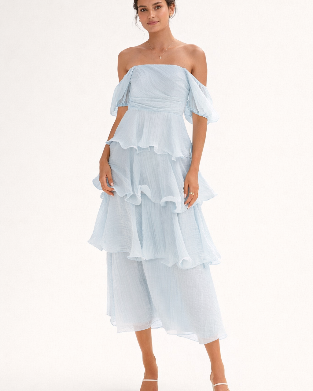 Abito Midi Donna Volant a Strati Spalle Scoperte Elegante